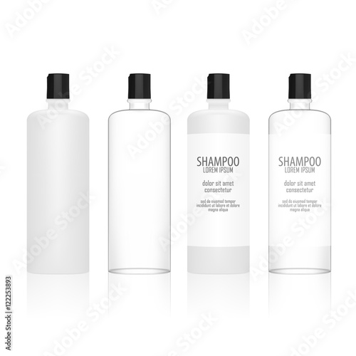 Set Of Round Cosmetic Or Hygiene Plastic Bottles With Label Liquid Soap, Lotion, Cream, Shampoo