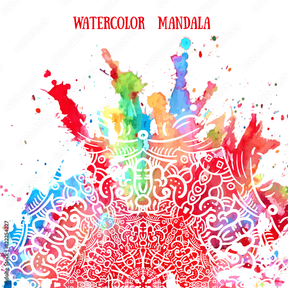 Mandala on watercolor background pattern. Lace manala circular ornaments. Traditional Indian, Islamic, Asian, Arabic motifs. Vector illustration.