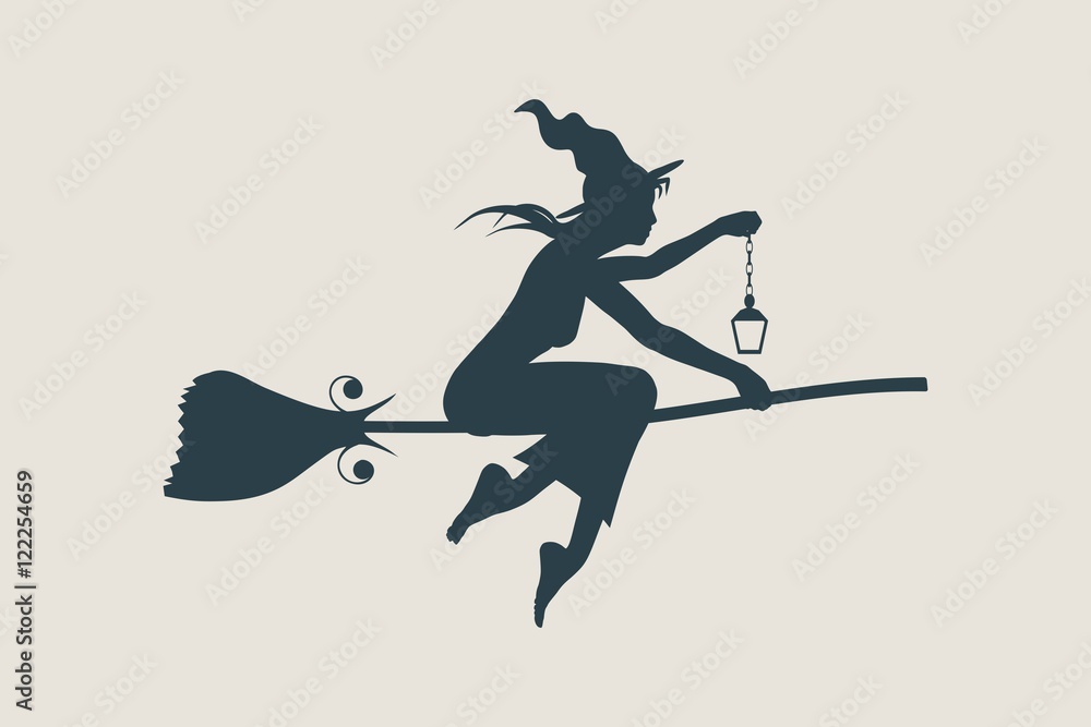 Fototapeta premium Illustration of flying young witch icon. Witch silhouette on a broomstick. Lamp in hand. Halloween relative image.