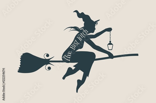 Illustration of flying young witch icon. Witch silhouette on a broomstick. Lamp in hand. The best witch text. Halloween relative image.