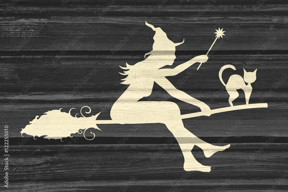 Illustration of flying young witch icon. Witch silhouette on a ...