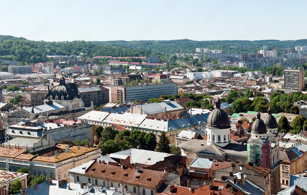 Lviv old city vintage panorama with houses roofs top view, Lviv, Ukraine.