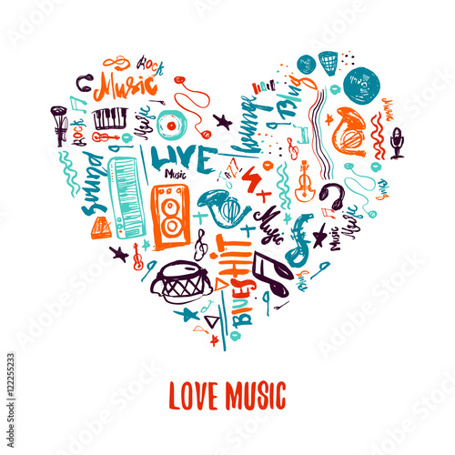 Love music colorful vector hand drawn doodles in shape of heart. Can be used for printable concert promotion with lettering and  items.
