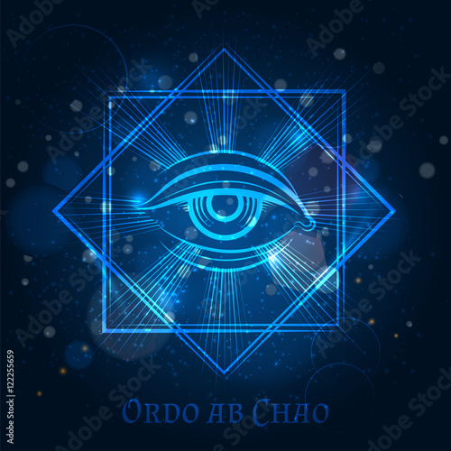 Mystical mason sign with eye on blue shining background. Vector illustration