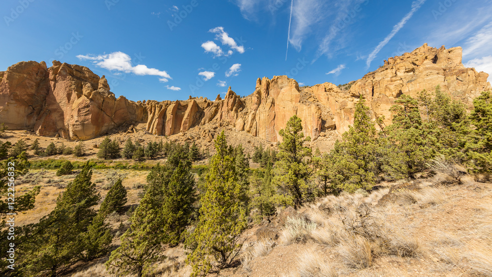 The sheer rock walls. Beautiful landscape of yellow sharp cliffs. Dry yellow grass grows at the foot of cliffs. Smith Rock state park, Oregon
