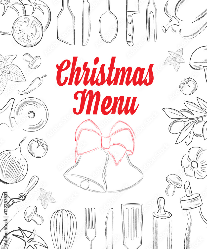 Fototapeta premium Christas menu front page with hand drawn elements on white backg
