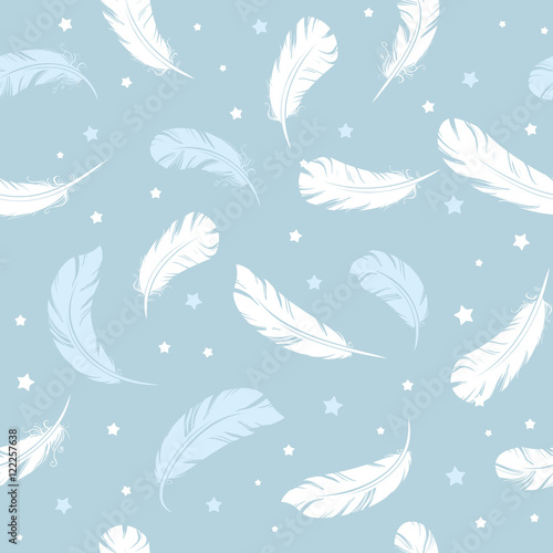 Seamless pattern light air bird feathers floating on a blue background with stars