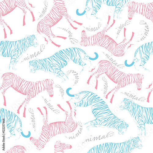 Fototapeta Naklejka Na Ścianę i Meble -  seamless pattern of tiger and zebra on white background with animals inscription