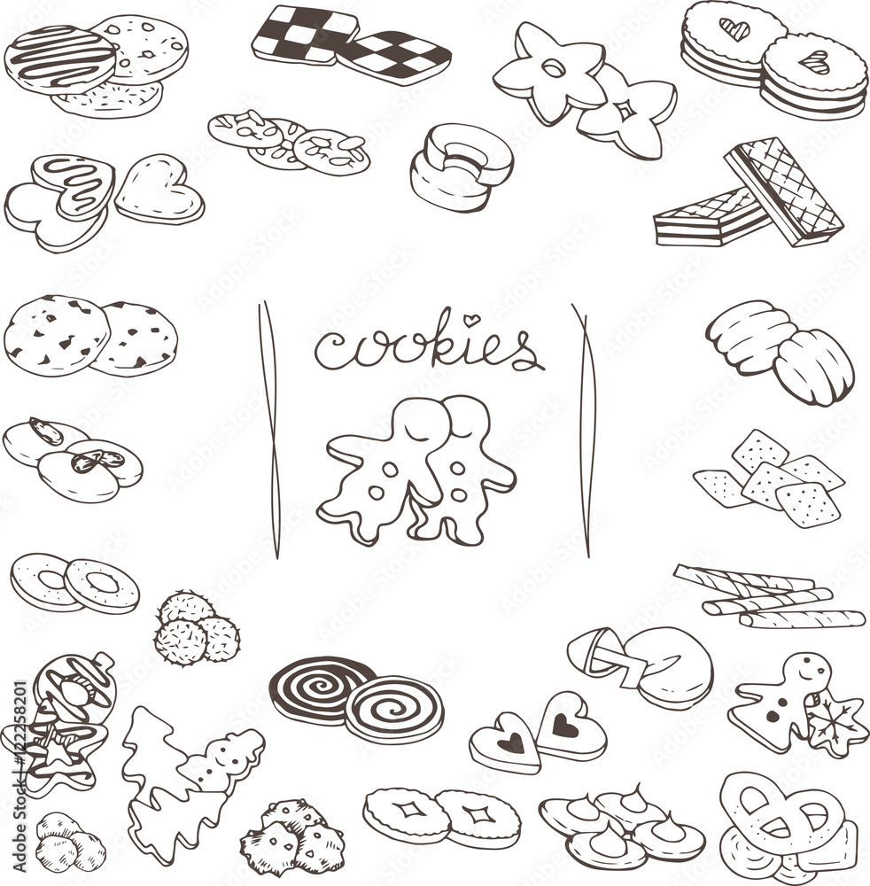 Hand-drawn collection of the different cookies desserts. Line art set of the food icons.