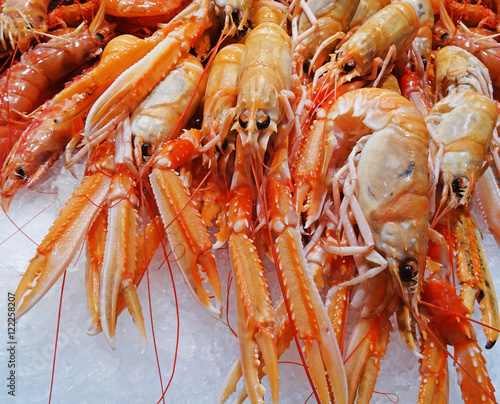 Close Up Fresh Shrimps On Display On Ice On Fishermen Market Sto