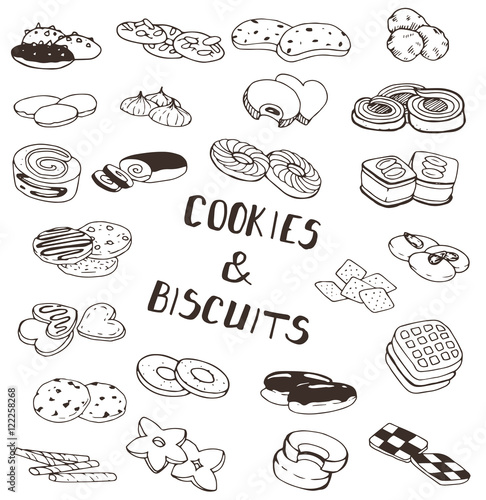 Leinwand Poster Hand-drawn collection of the different cookies and biscuits desserts