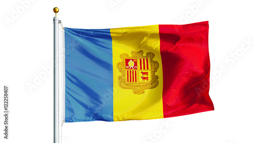 Andorra flag waving on white background, close up, isolated with clipping path mask alpha channel transparency