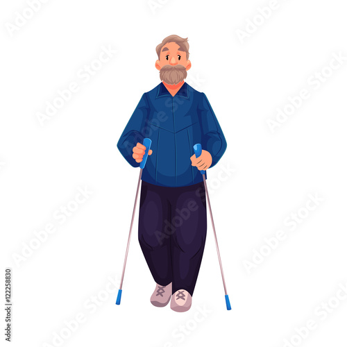 Mature male nordic walker, cartoon style vector illustration isolated on white background. Elder man doing nordic walking, full height portrait, side view. Elder male Nordic walker in sports suit