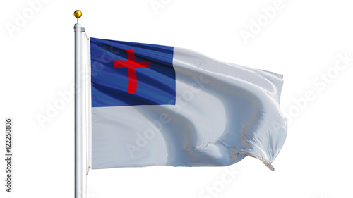 Christian flag waving on white background, close up, isolated with clipping path mask alpha channel transparency photo