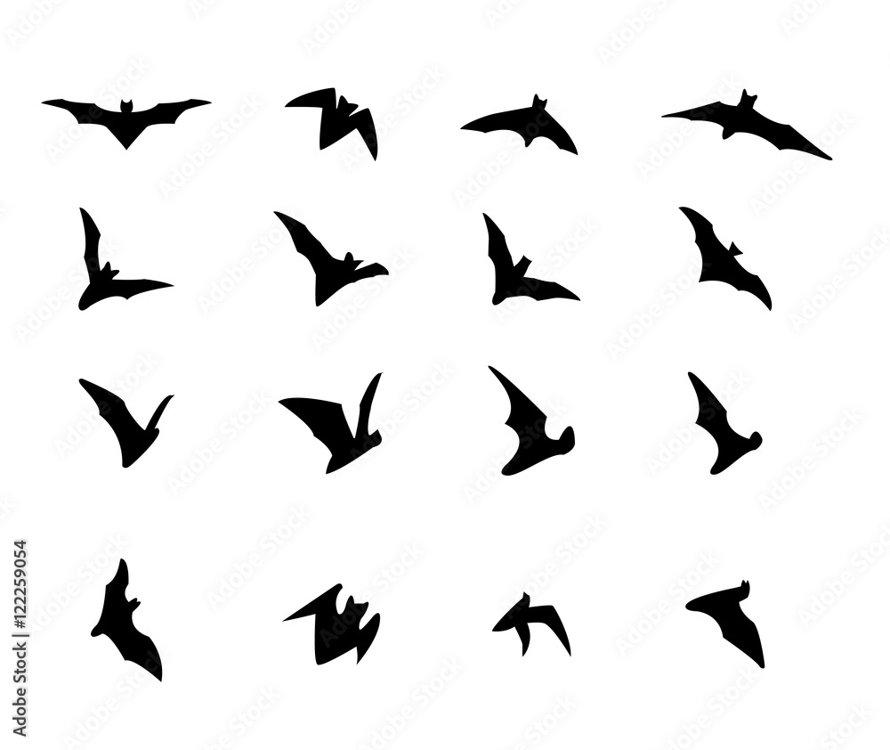 Set of flying bat silhouette icons, vector Set of flying bat silhouette icons, vector