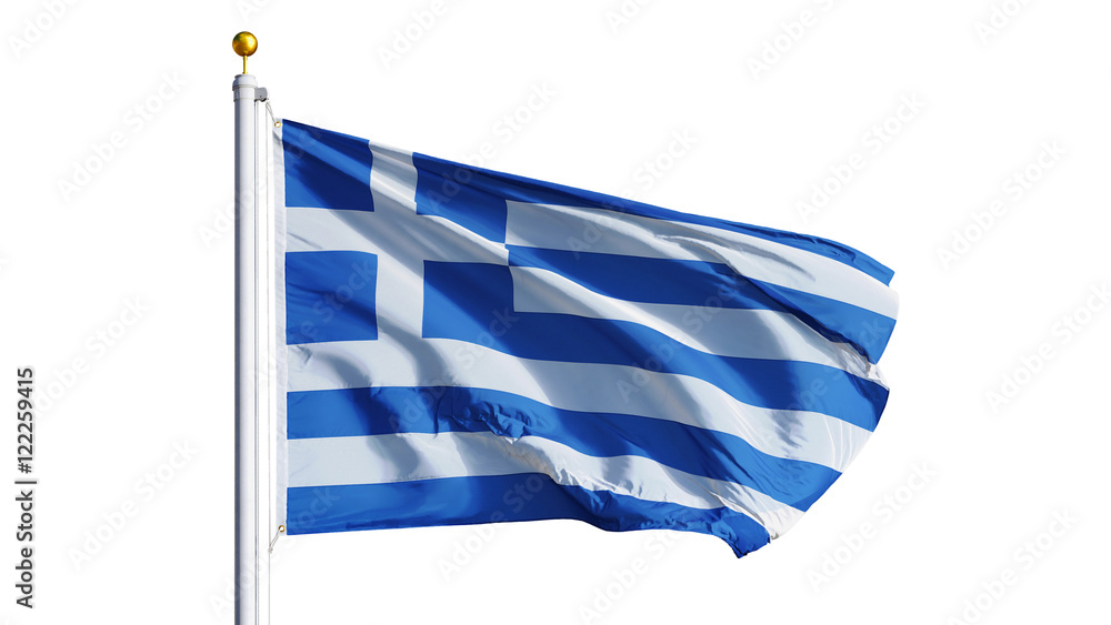 Obraz premium Greece flag waving on white background, close up, isolated with clipping path mask alpha channel transparency