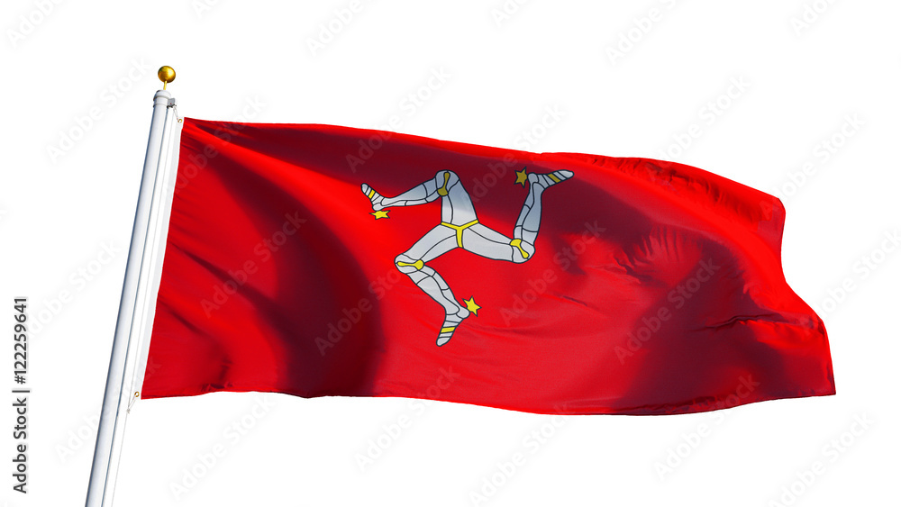 Isle of Man flag waving on white background, close up, isolated with clipping path mask alpha channel transparency Isle of Man flag waving on white background, close up, isolated with clipping path mask alpha channel transparency