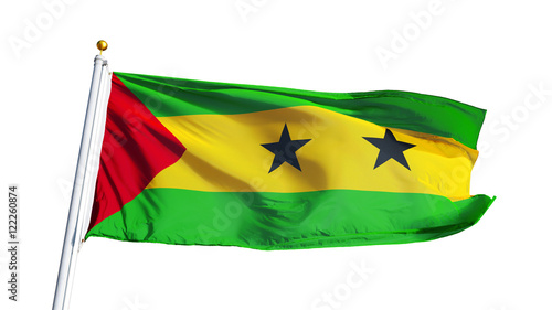 Sao Tome and Principe flag waving on white background, close up, isolated with clipping path mask alpha channel transparency