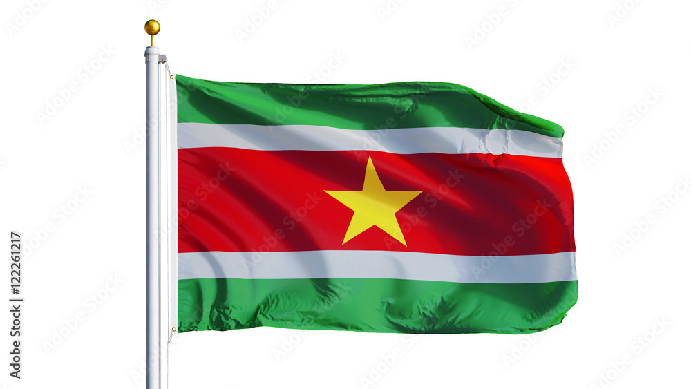 Fototapeta premium Suriname flag waving on white background, close up, isolated with clipping path mask alpha channel transparency