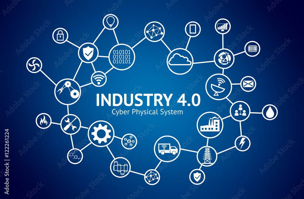Industrial 4.0 Cyber Physical Systems concept , Icon of industry 4.0 ,Internet of things network,smart factory solution,Manufacturing technology,automation robot with blue background Industrial 4.0 Cyber Physical Systems concept , Icon of industry 4.0 ,Internet of things network,smart factory solution,Manufacturing technology,automation robot with blue background
