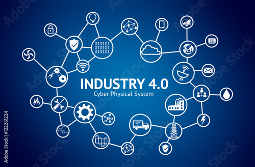Industrial 4.0 Cyber Physical Systems concept , Icon of industry 4.0 ,Internet of things network,smart factory solution,Manufacturing technology,automation robot with blue background