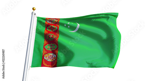 Photography Turkmenistan flag waving on white background, close up, isolated with clipping p