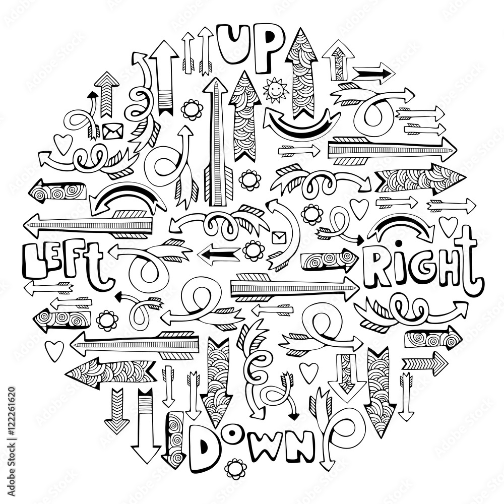 Right and left, up and down Set of isolated hand drawn elements. Monochrome vector illustration.