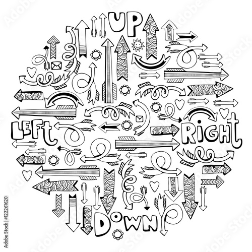 Right and left, up and down Set of isolated hand drawn elements. Monochrome vector illustration.