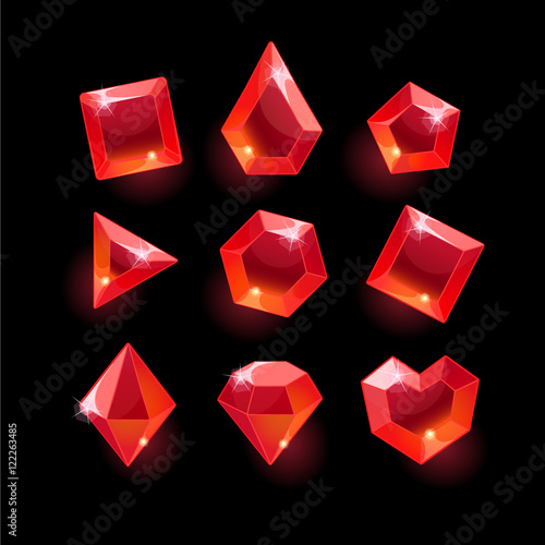 Set of cartoon red different shapes crystals