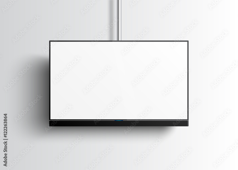 Flat Smart TV Mockup with blank white screen hanging on the tube, soundbar, flat screen lcd