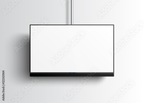 Flat Smart TV Mockup with blank white screen hanging on the tube, soundbar, flat screen lcd, realistic, vector illustration