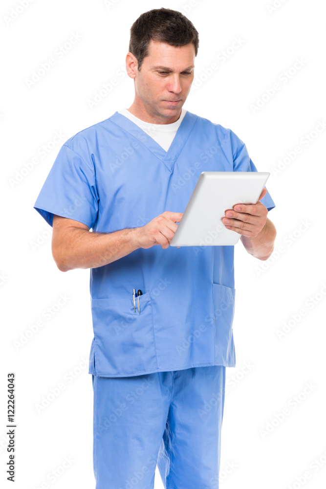 Doctor in scrubs on white