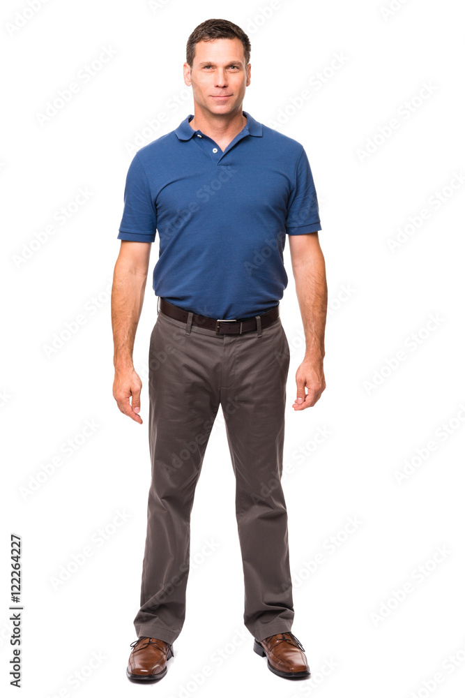 Full-length causal dressed businessman facing front with arms at sides isolated on white background Full-length causal dressed businessman facing front with arms at sides isolated on white background