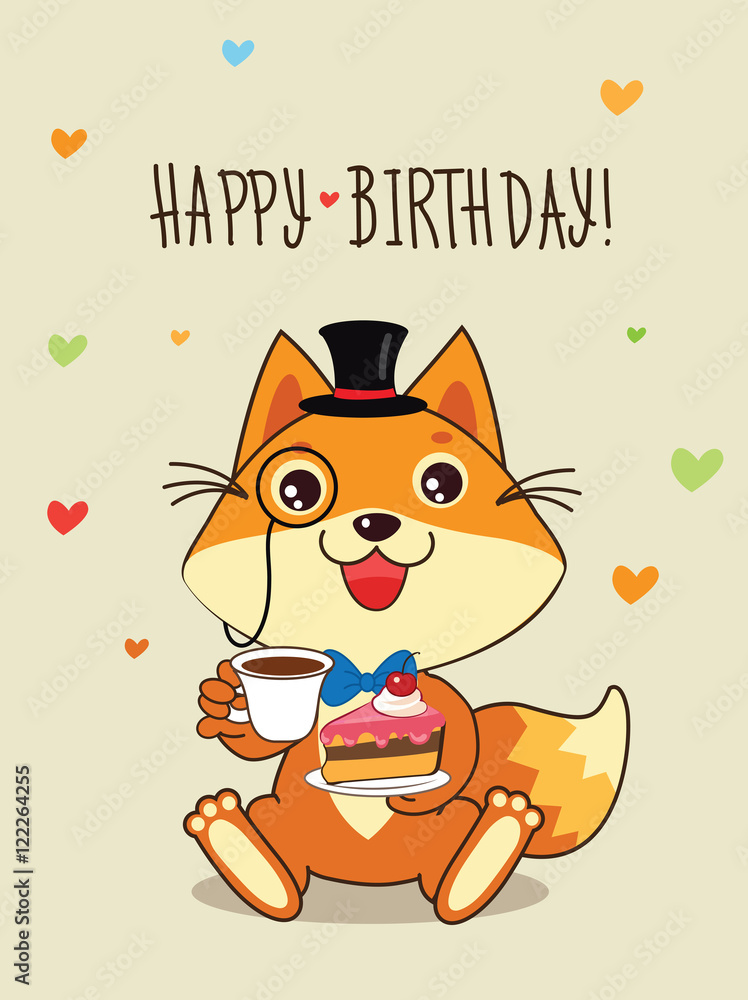 Happy Birthday Card Funny Fox With In A Bowler Hat And Cake In His Hands.  Vector