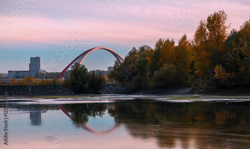 Views Bugrinskij bridge from the ducts on the Ob river. Novosibirsk.