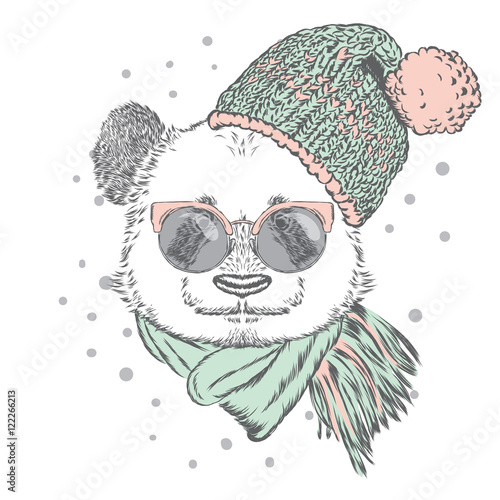 Fototapeta Naklejka Na Ścianę i Meble -  Panda with glasses, hat and scarf. Vector illustration for greeting card, poster, or print on clothes. Christmas and New Year. Winter.