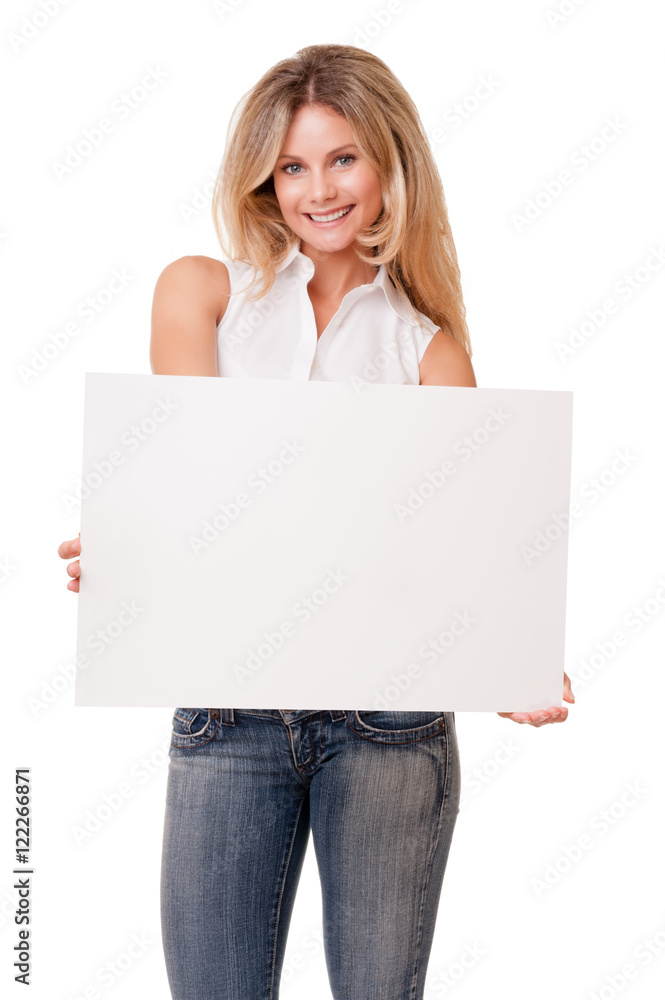 Naklejka premium Young woman holding blank sign on white