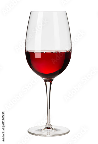 Single glass of red cabernet pino merlot malbec wine with bubbles and deep red glow isolated on white background