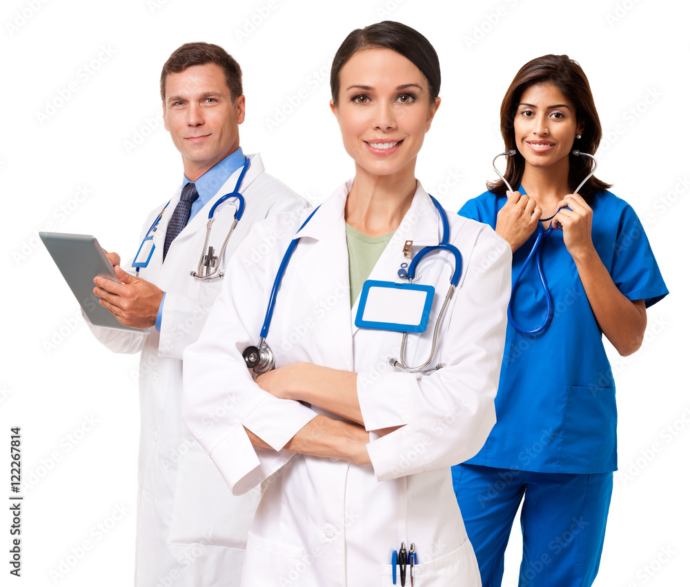 Medical team doctor nurse practitioner with digital tablet isolated on white background for use alone or as a design element Medical team doctor nurse practitioner with digital tablet isolated on white background for use alone or as a design element
