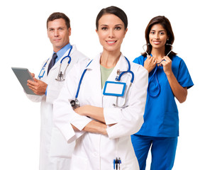 Medical team doctor nurse practitioner with digital tablet isolated on white background for use alone or as a design element