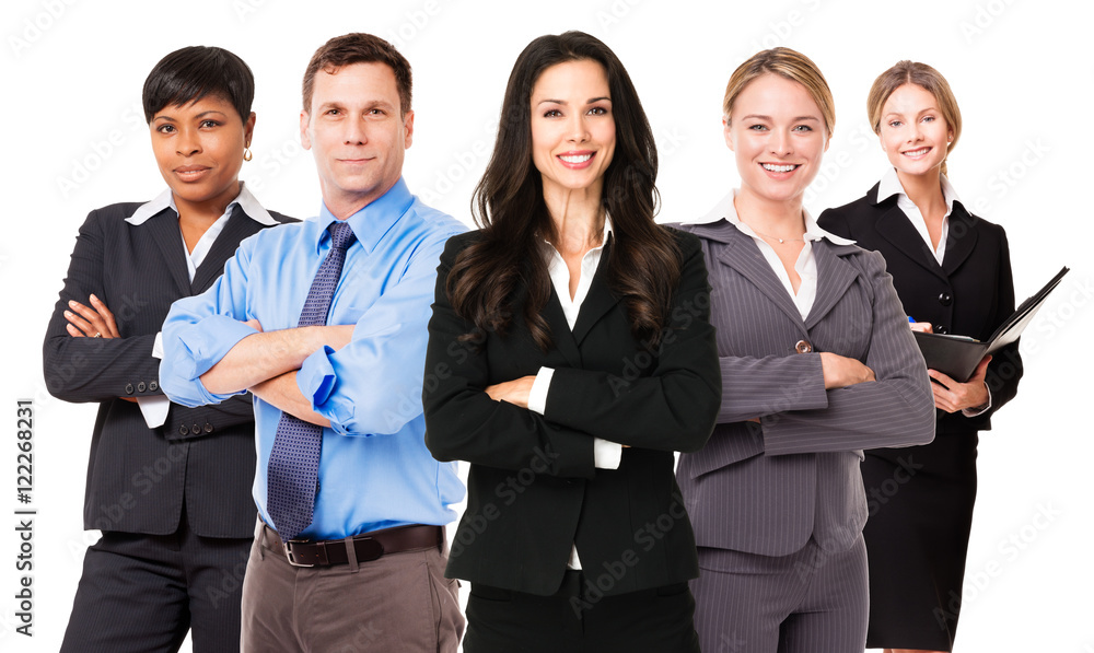 Team of five businessman and businesswomen isolated on white background for use alone or as a design element Team of five businessman and businesswomen isolated on white background for use alone or as a design element