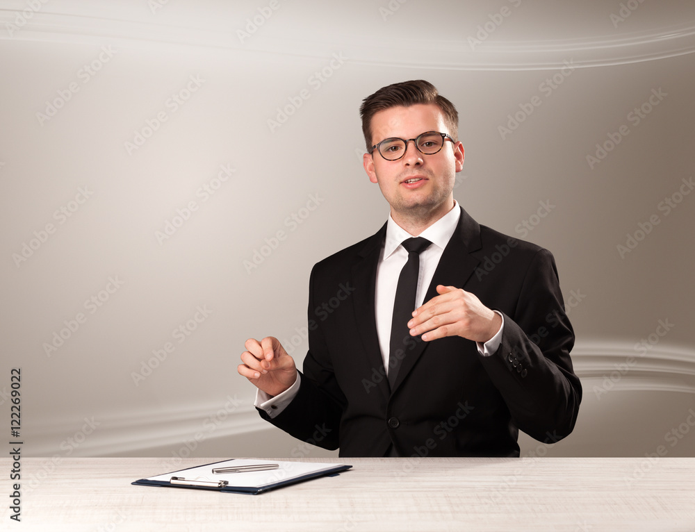 Televison host in live show with blank background Televison host in live show with blank background