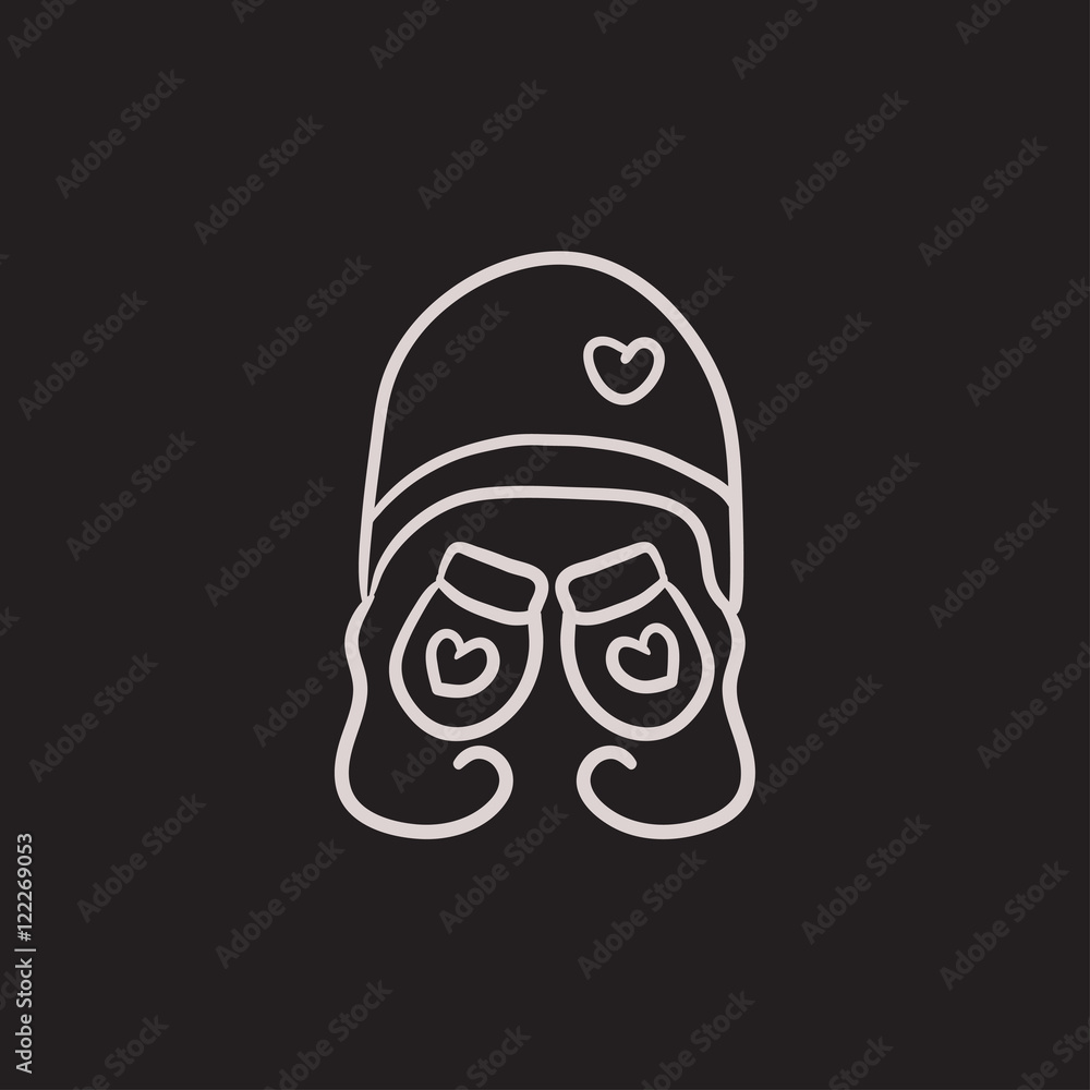 Hat and mittens for children sketch icon.