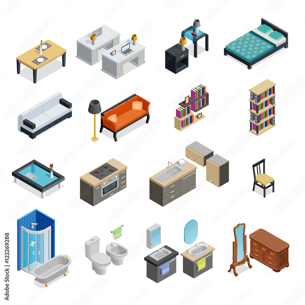 Fototapeta premium Interior Isometric Objects Set