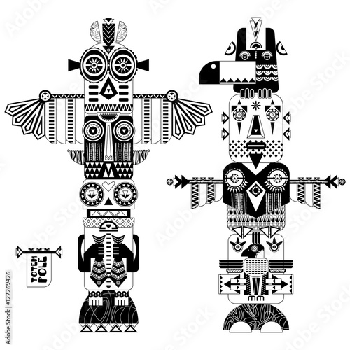 Black and white decorative totem poles.