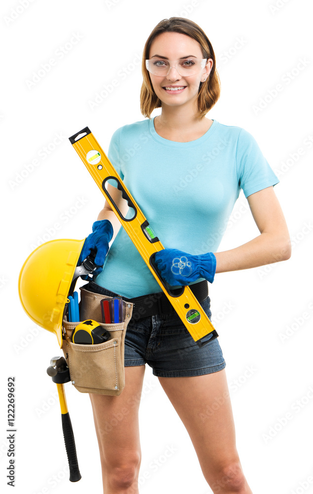 Woman contractor carpenter construction worker on white Woman contractor carpenter construction worker on white