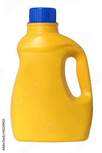 Yellow plastic Laundry detergent bottle with blue cap isolated on white background