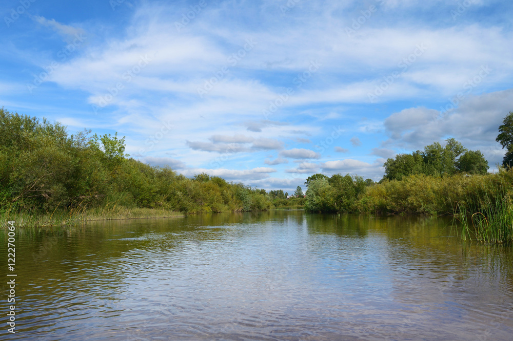 riverbank overgrown with bushes, sky with clouds and reflection in water