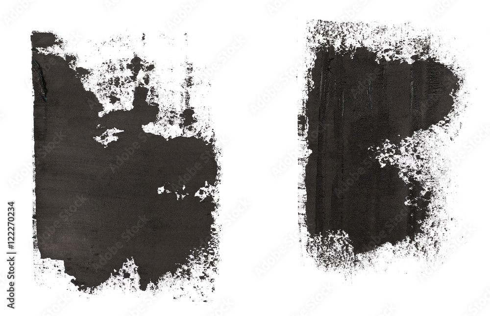 set photo stain, black grunge brush strokes oil paint isolated on white background