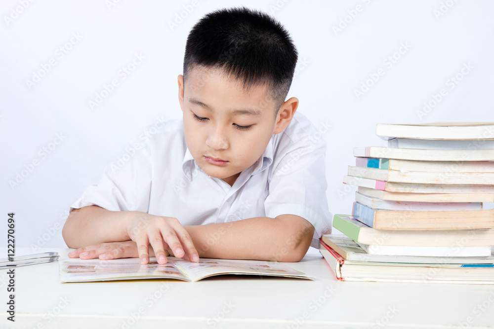Asian Chinese Little Boy Wearing Student Uniform Reading Textboo Asian Chinese Little Boy Wearing Student Uniform Reading Textboo